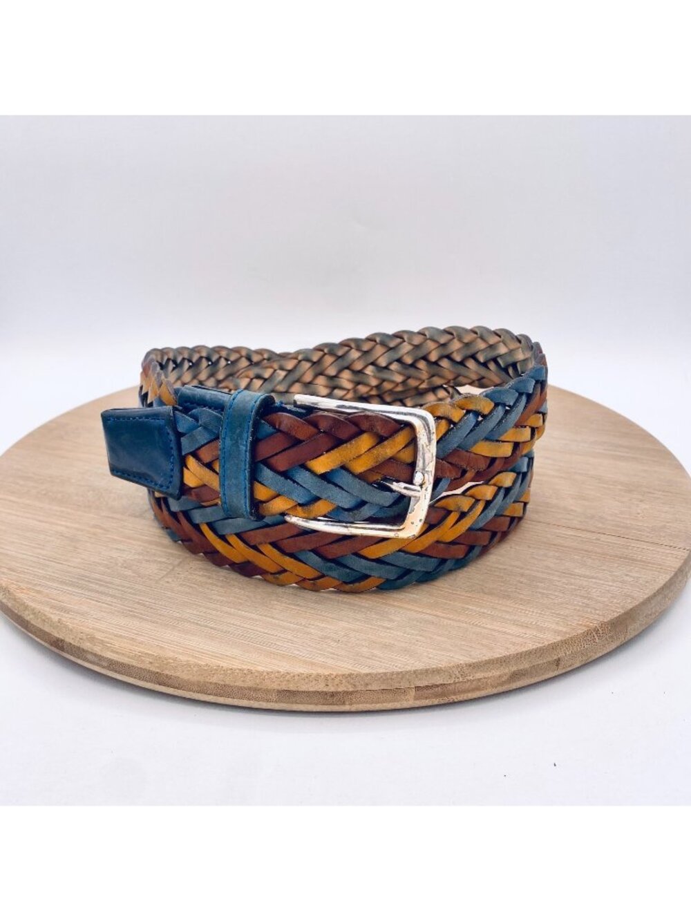 Bullock & Jones Belt Mens L Multicolor Full Grain Braided Leather Silver Buckle